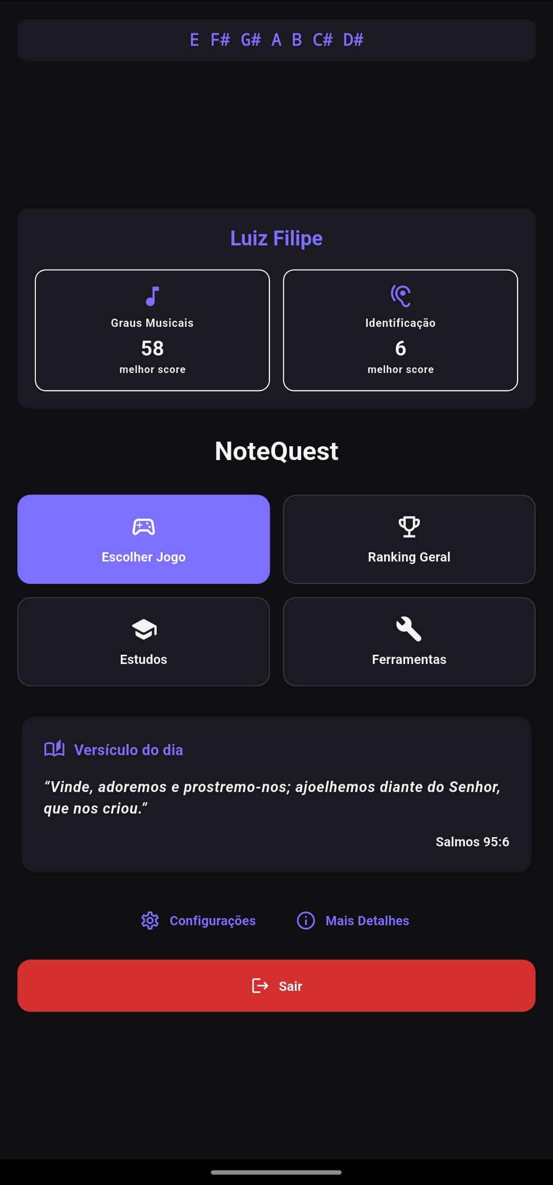 Tela inicial do aplicativo NoteQuest